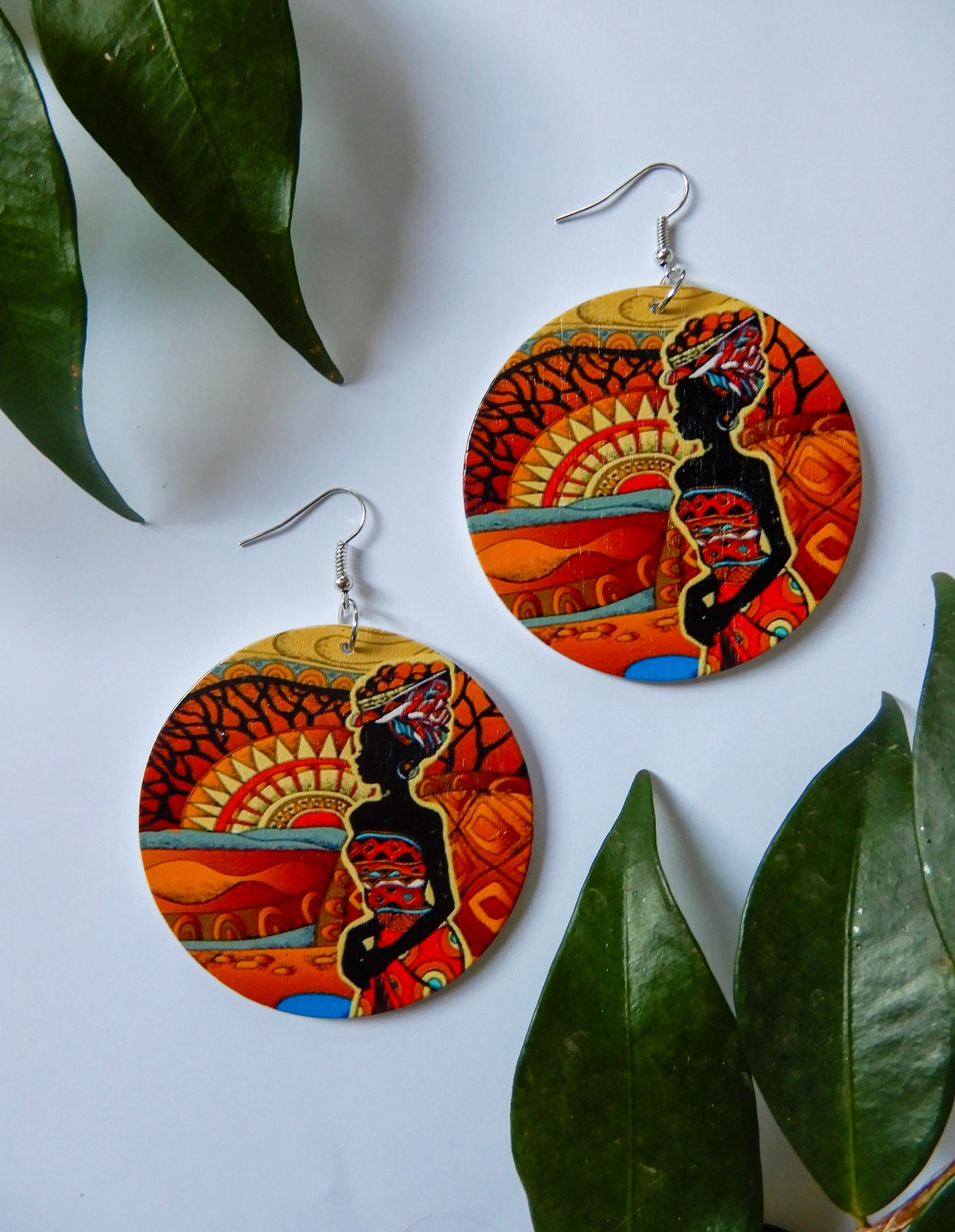 Wood Earrings with African Print