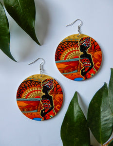 Wood Earrings with African Print