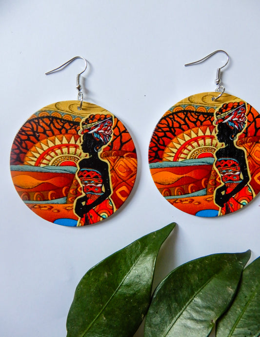 Wood Earrings with African Print