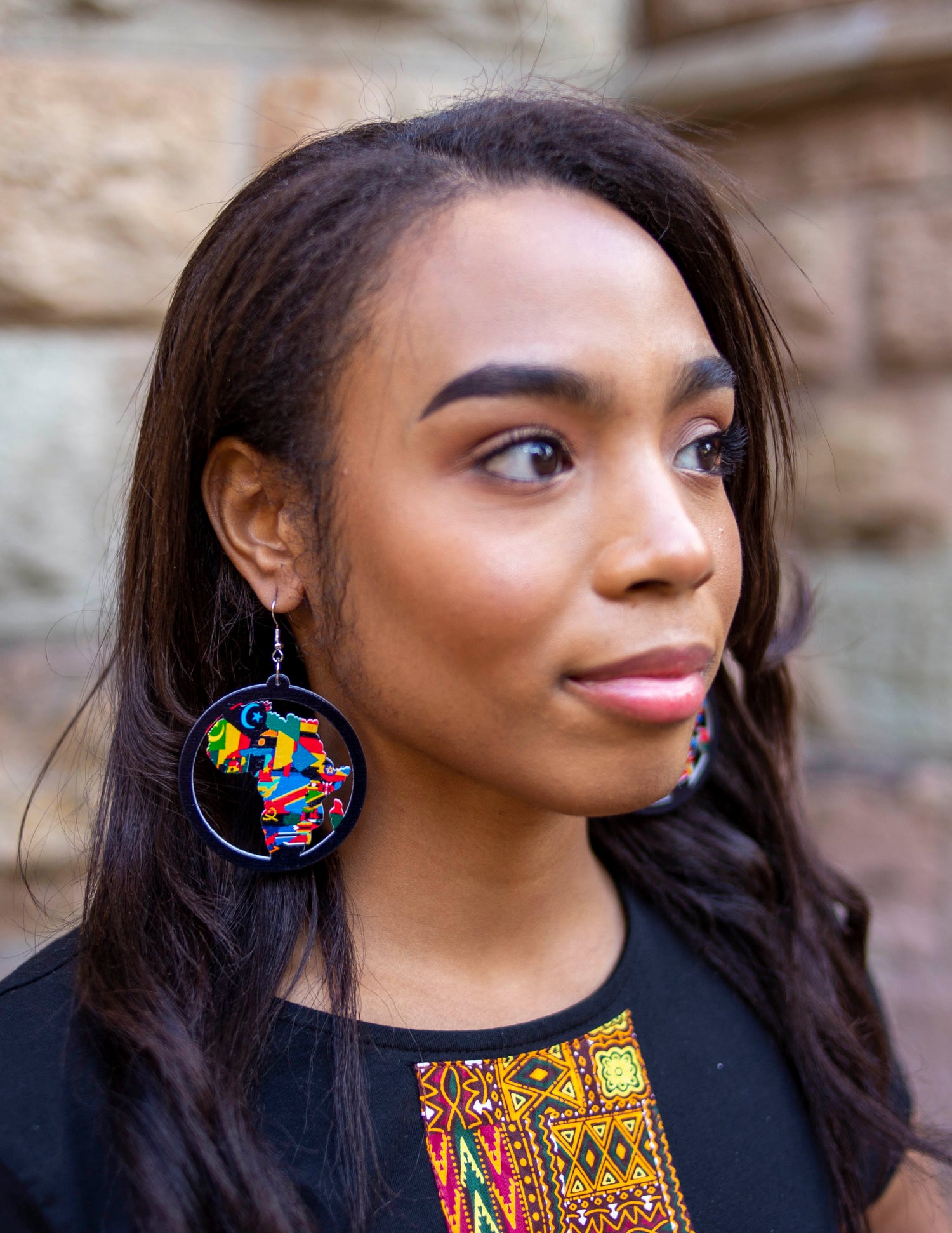 African fabric earrings on model. 