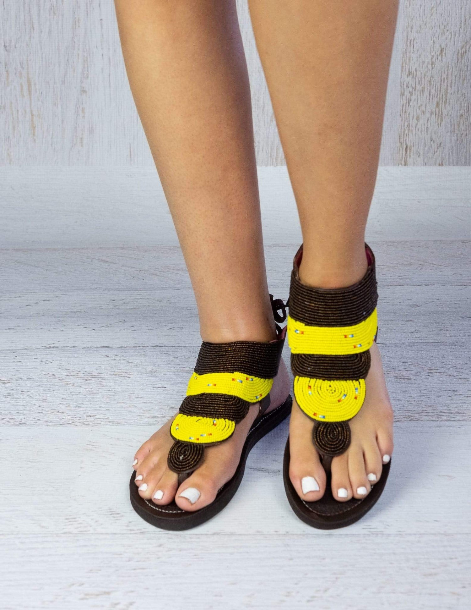 Afrix Style 38 (Size 7) / Yellow & Brown Layered Beaded Sandals