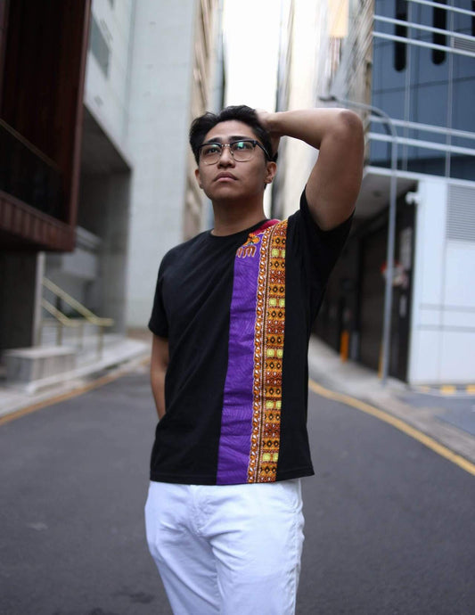 Afrix Style Shirt Side Fabric - Black Shirt / Small Purple African Fabric Shirt