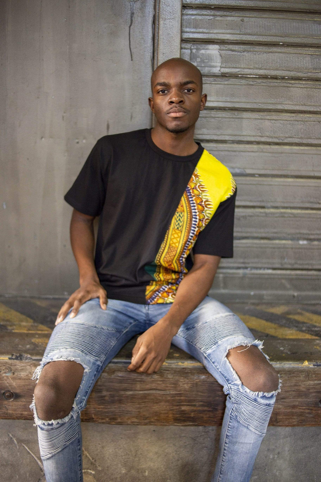 Afrix Style Shirt Side Fabric - Black Shirt / Small Yellow Fabric T-Shirt