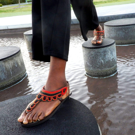 Afrix Style Shoes Red/Black Leather Sandals