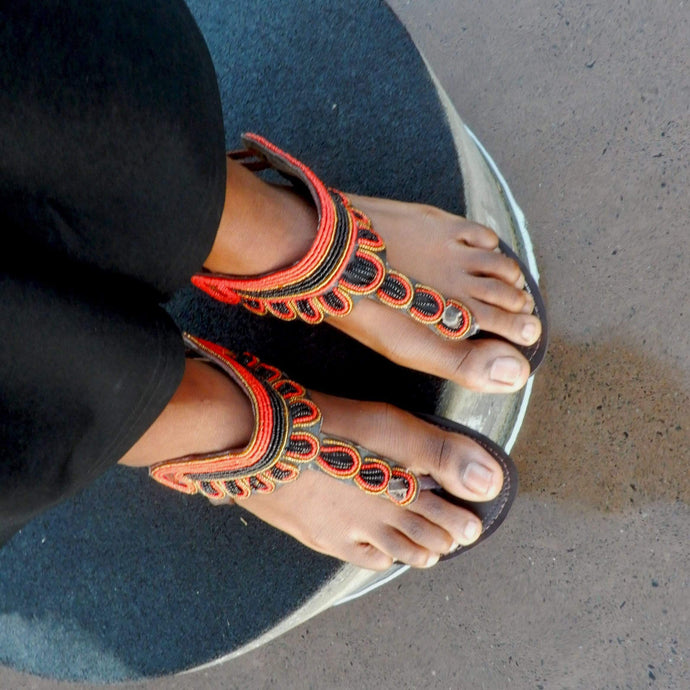 Afrix Style Shoes Red/Black Leather Sandals